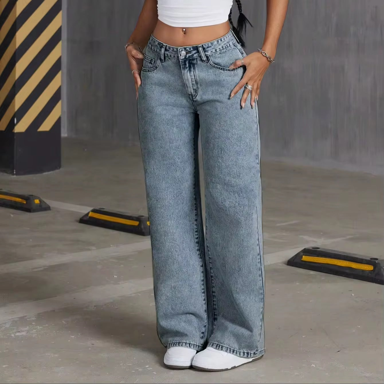 New Women's High Waist Baggy Style Straight Bow Jeans Loose Fit Washed Denim Summer Age Reduction
Wide Leg Pants Sweet Style