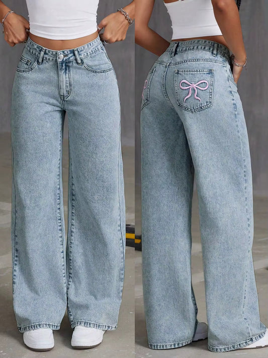 New Women's High Waist Baggy Style Straight Bow Jeans Loose Fit Washed Denim Summer Age Reduction
Wide Leg Pants Sweet Style